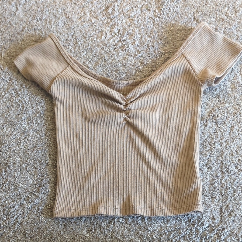 American Eagle Outfitters Tan Ribbed Off-Shoulder Bodysuit